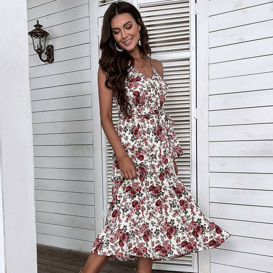 PRINT LACE-UP SEXY BEACH HALTER DRESS