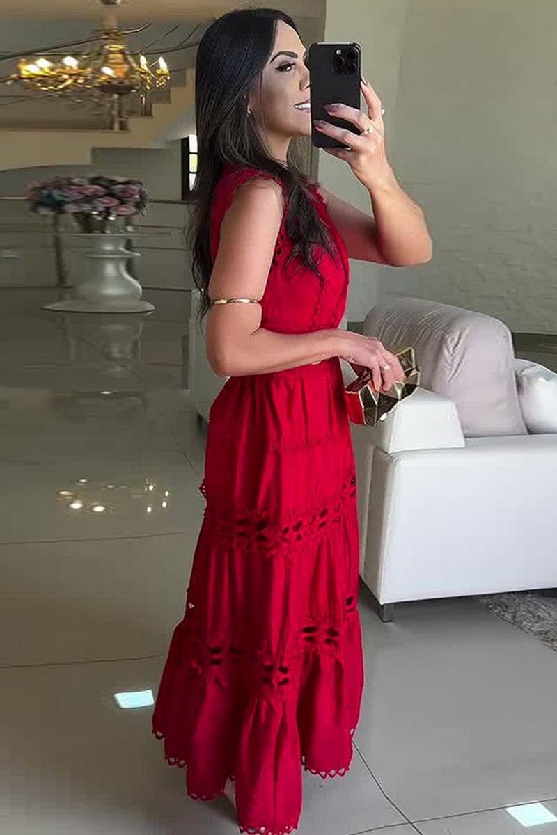 CWDMD5458_V-NECK HOLLOW EMBROIDERED SLEEVELESS MAXI DRESS