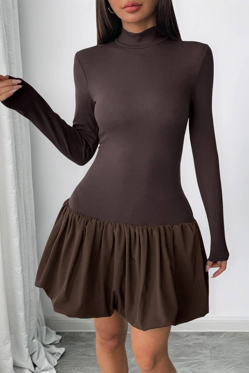 CWDSD10584_SLIM FIT TURTLENECK SOLID LONG SLEEVE PUFF DRESS