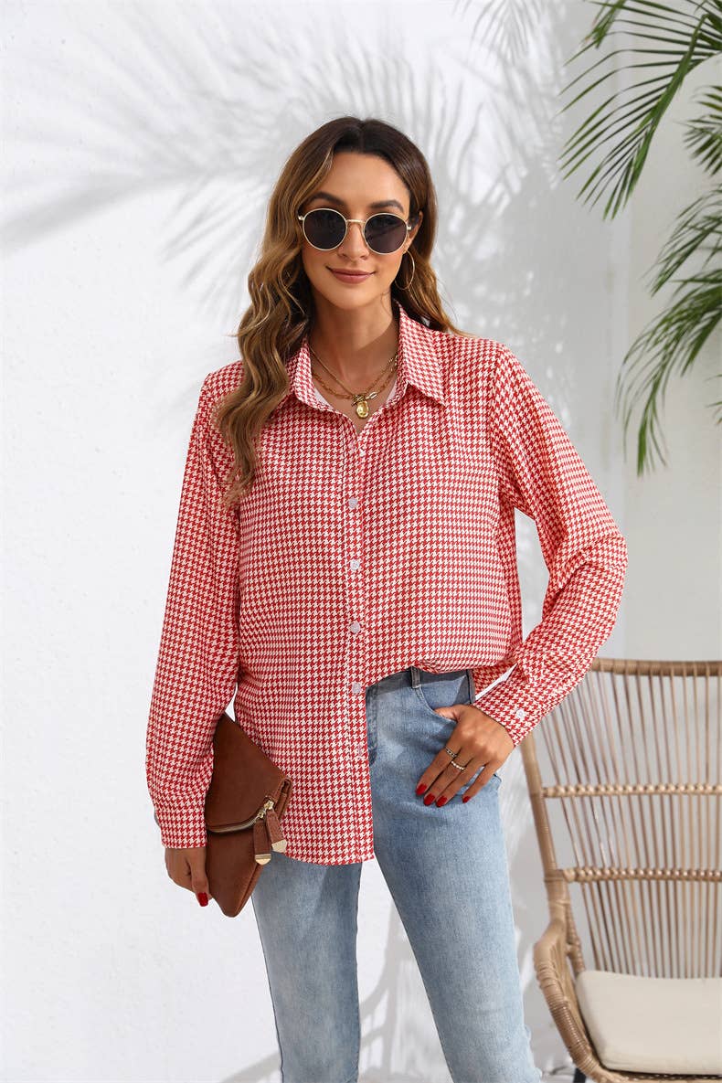 Lapel checked loose casual long-sleeved shirt