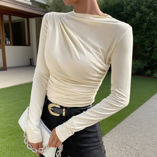 Solid-color fitted, pleated long-sleeved T-shirt