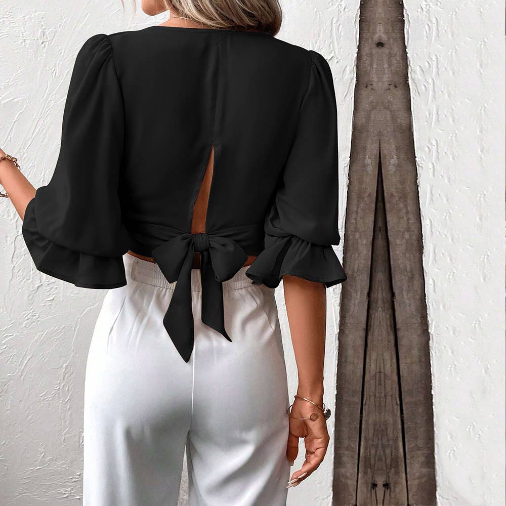 V-NECK STYLE PUFFED SLEEVE SHORT PULLOVER TOP