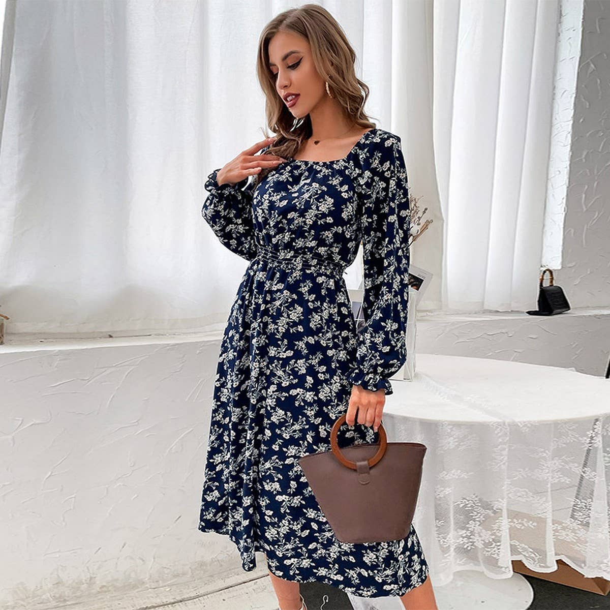 Long-sleeved one-shoulder floral dress