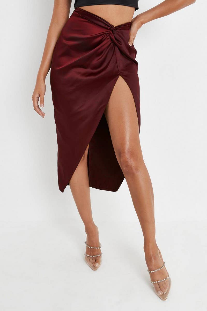 HIGH WAIST KNOT IRREGULAR SATIN SLIT SKIRT_CWBMS0089