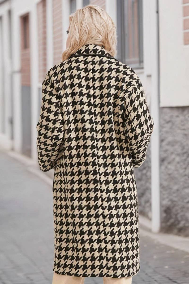 CWOCO1270_HOUNDSTOOTH LOOSE LONG TRENCH COAT WOOLEN COAT