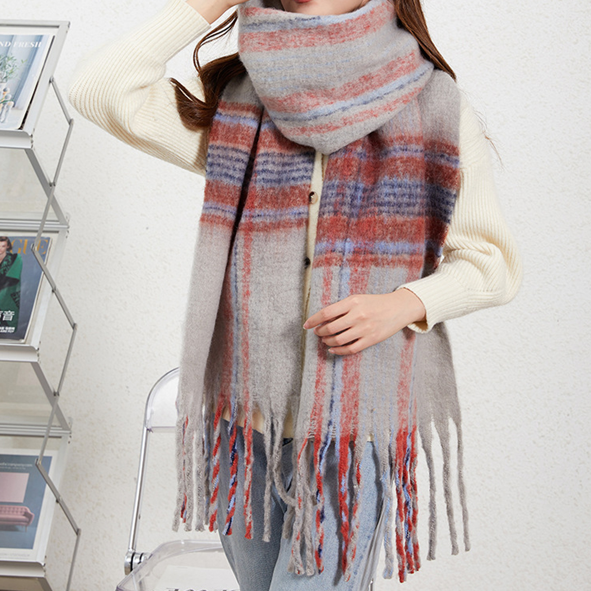 Korean Striped Brushed Winter Scarf for Women