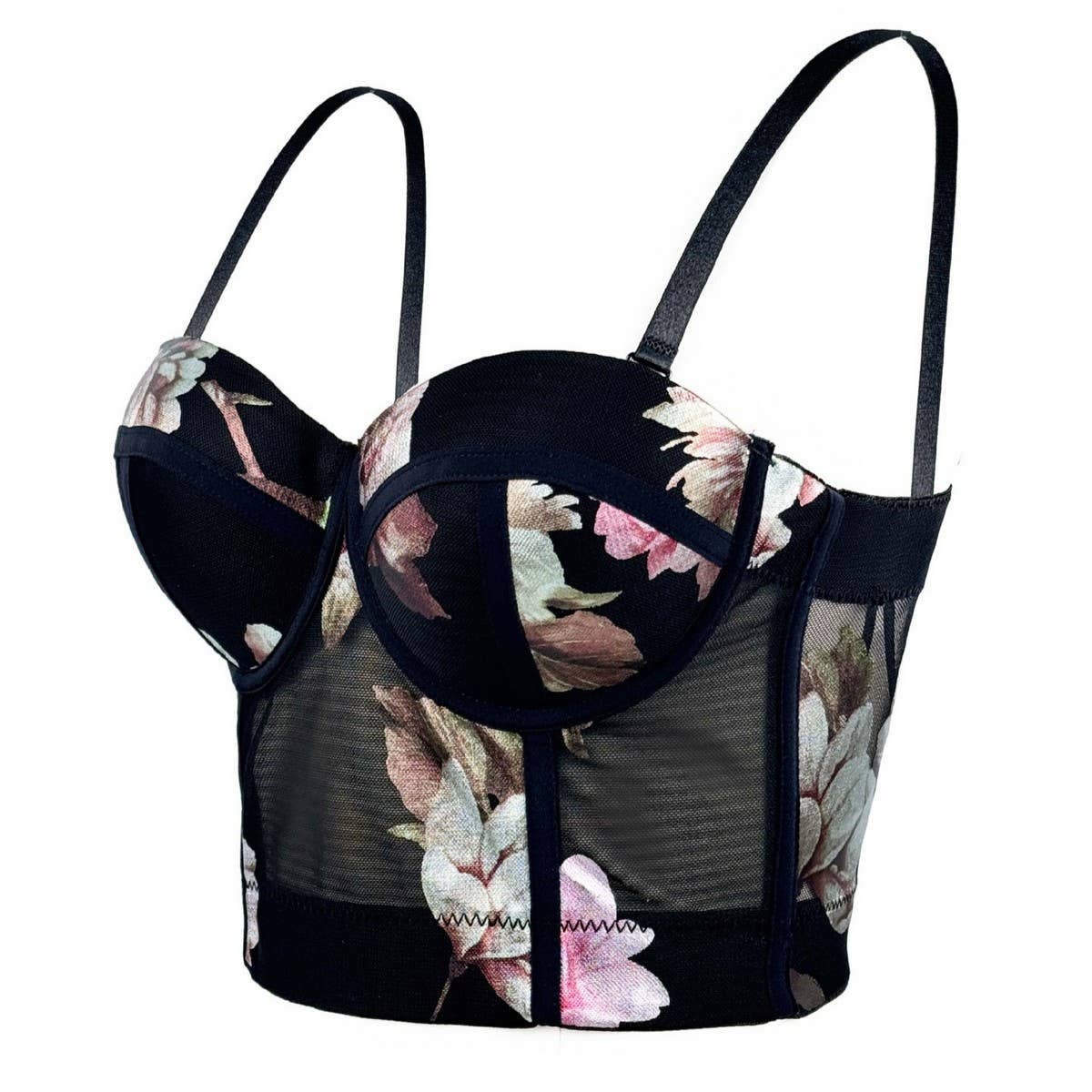 MESH FLOWER HERRINGBONE BRA WITH CHEST PADS