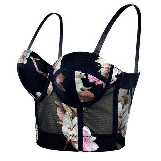 MESH FLOWER HERRINGBONE BRA WITH CHEST PADS