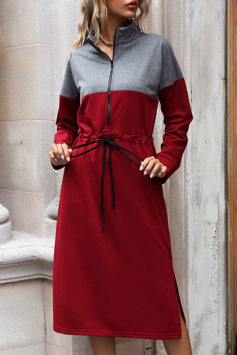 CWDMD4062_STAND COLLAR ZIPPER DRAWSTRING SPLIT HOODIE DRESS