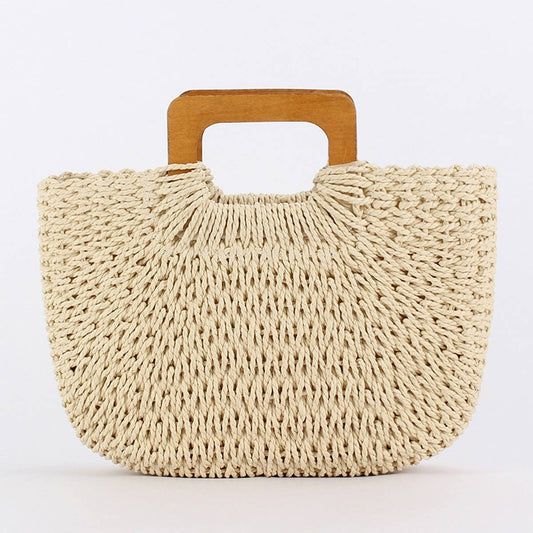 WOODEN HANDLE CASUAL SIMPLE PAPER ROPE WOVEN BAG_CWAB4709