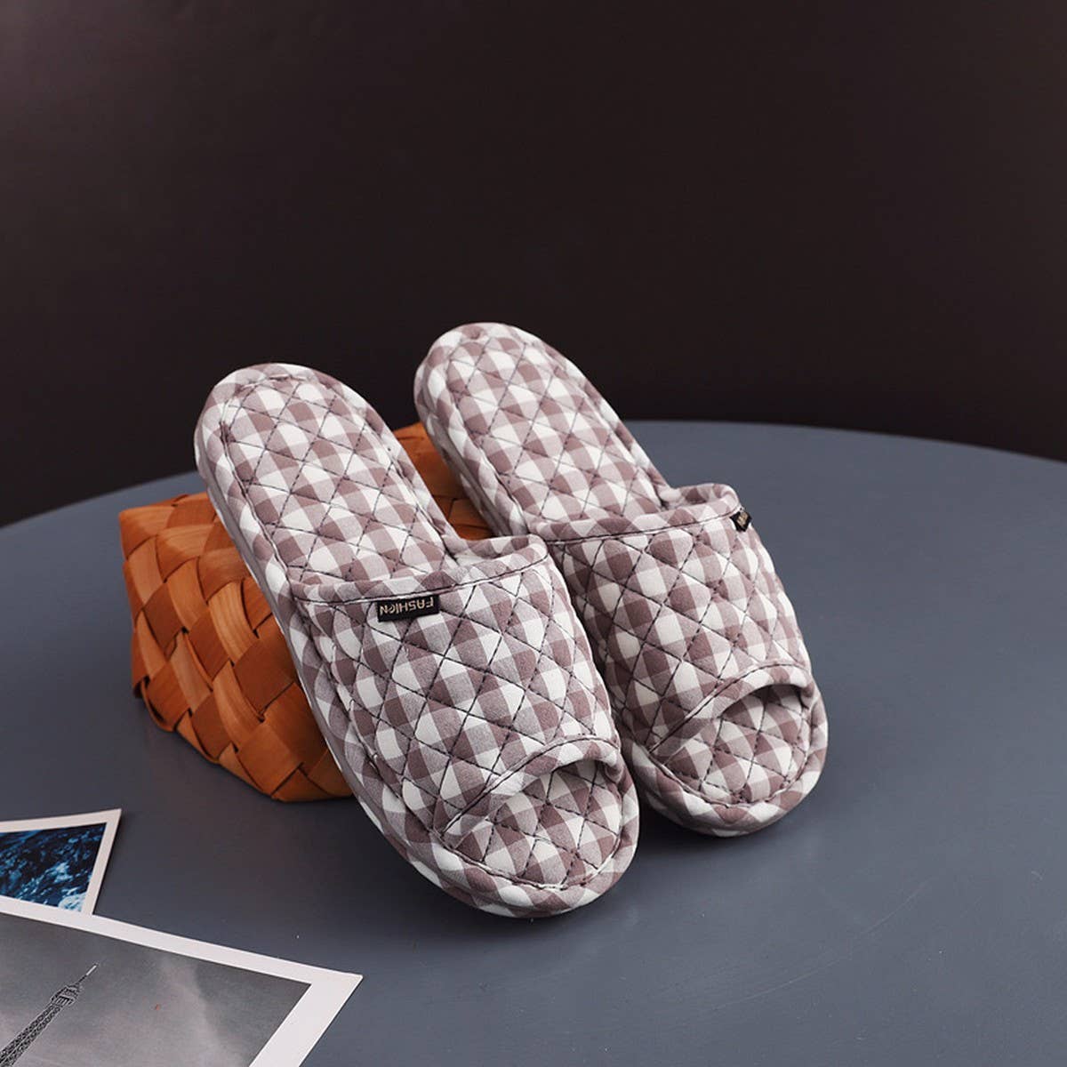 Plaid Cotton Floor Slippers with Thick Fabric Sole_CWSHF0191