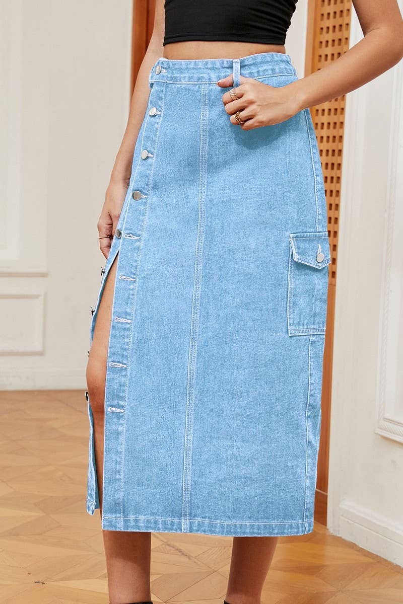CWJSK00227_TRENDY HALF ELASTIC WAIST DENIM CARGO SKIRT