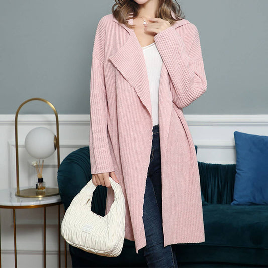LAPEL LOOSE KNIT MID-LENGTH TRENCH CARDIGAN