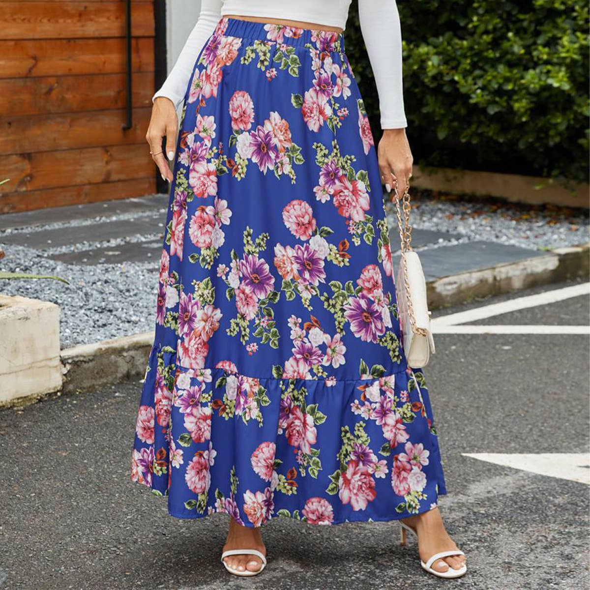 A long skirt with a high waist and ruffled hem