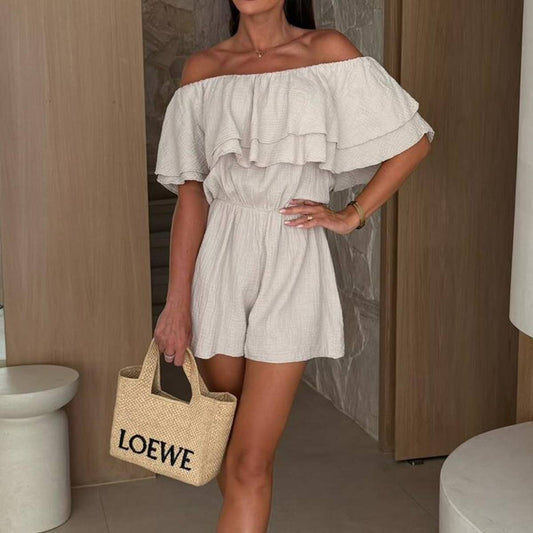 Solid color ruffled one-shoulder short jumpsuit