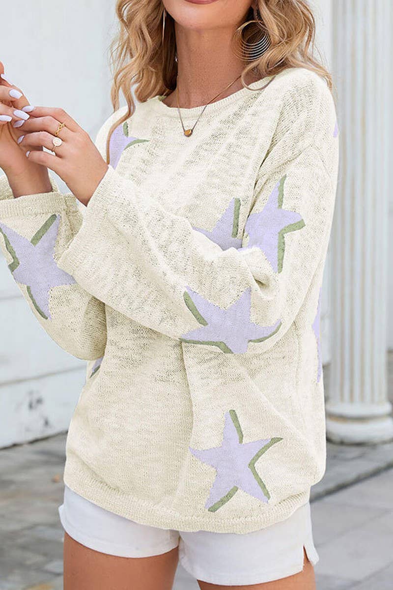 Five-pointed jacquard knitted long-sleeved sweater