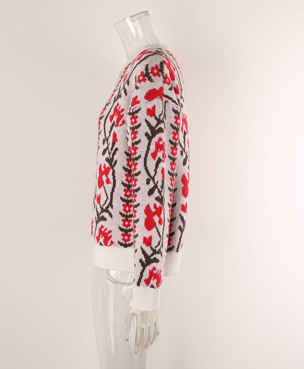 JACQUARD ROUND NECK FLOWER KNIT FASHION SWEATER