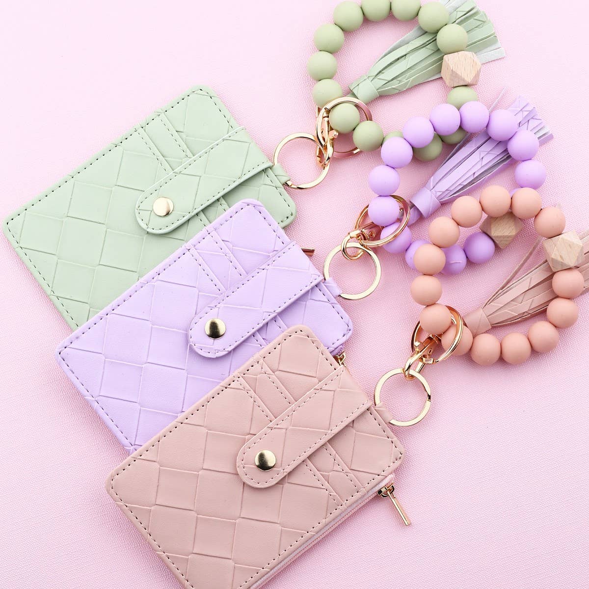 Checkered PU Card Walletwith Bead Bracelet Keychain_CWAB4958