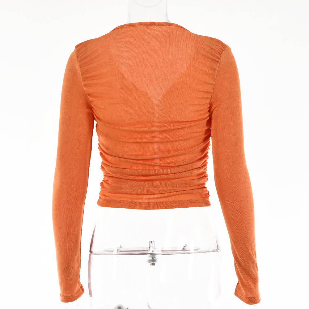 V-neck solid color pleated hidden button top