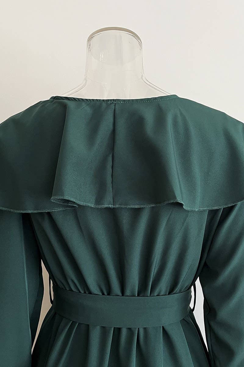 CWDMD4823_RUFFLED V-NECK LONG-SLEEVED SWING DRESS