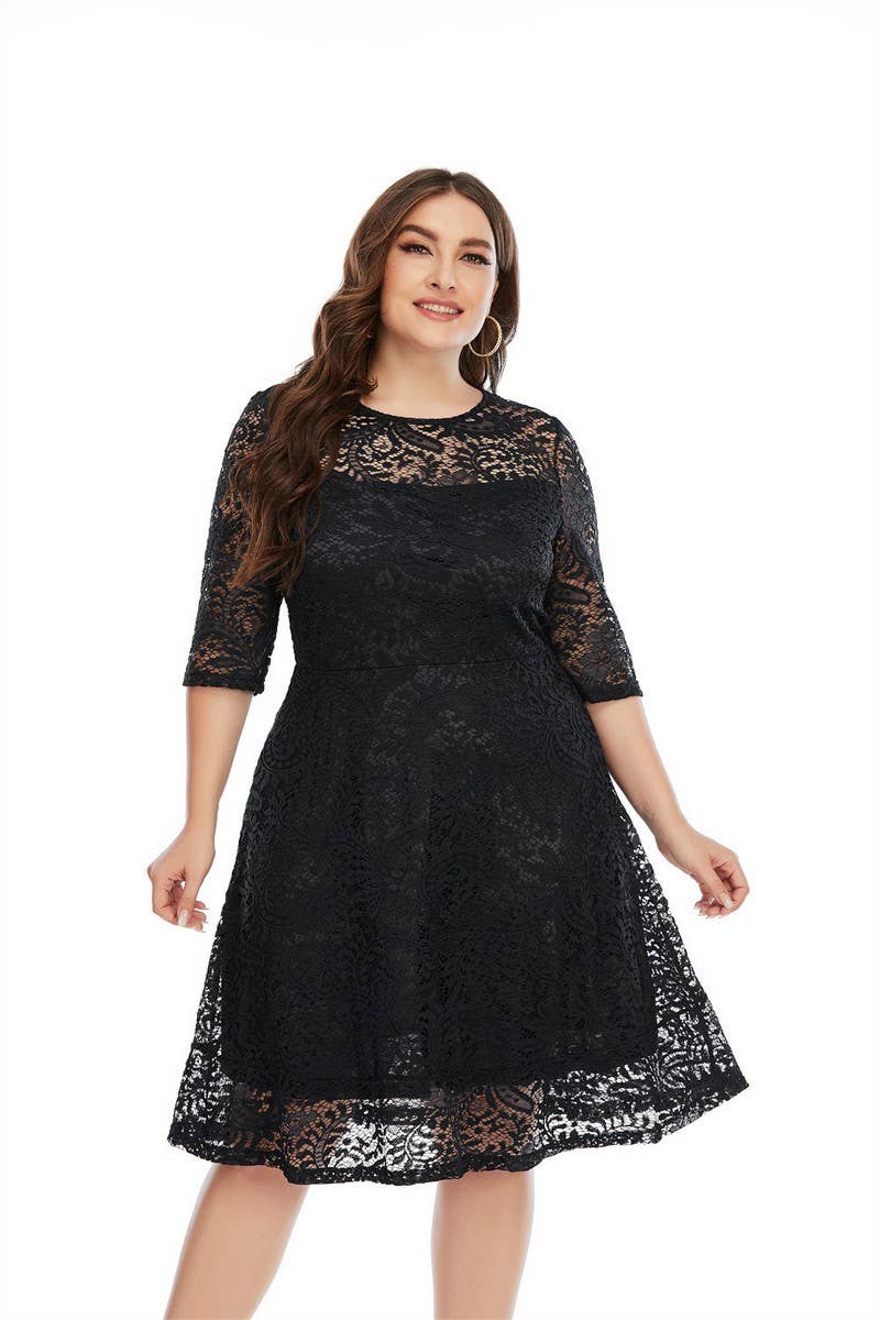CWDSD5552_PLUS SIZE ROUND NECK LACE MIDI DRESS