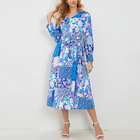 Printed belt A-line skirt long-sleeved dress