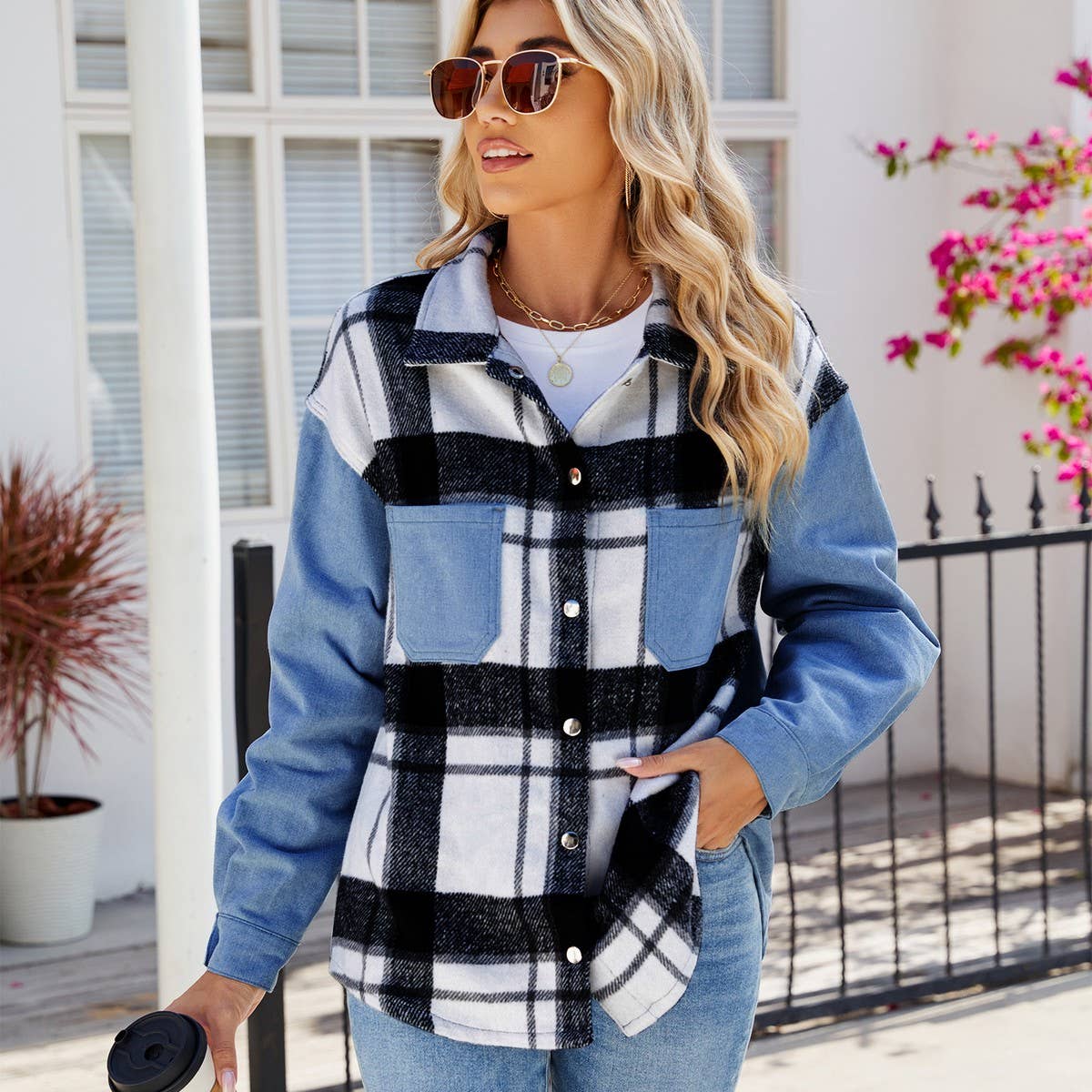 Washed plaid denim long-sleeved coat