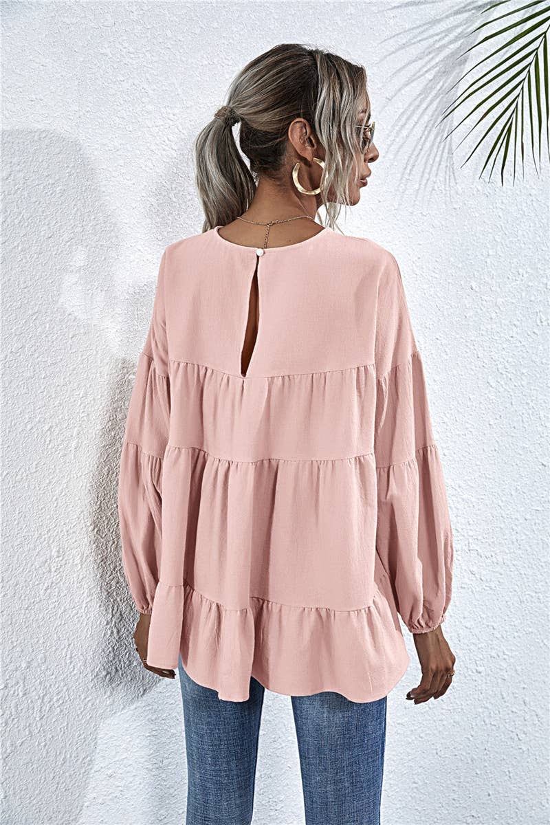SOLID COLOR ROUND NECK LANTERN SWING LOOSE TOP