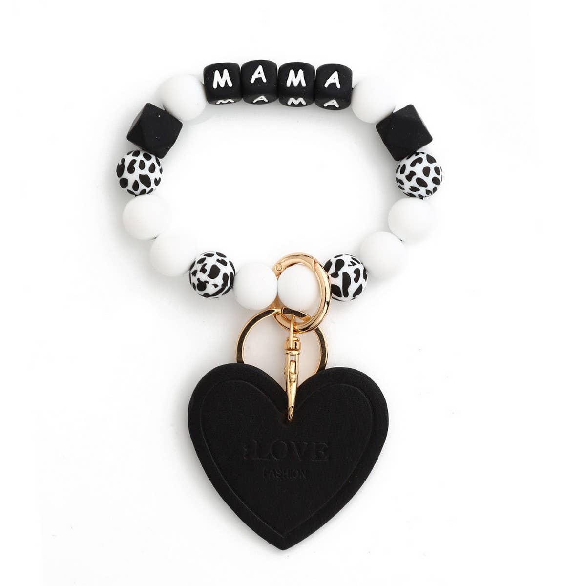 Leopard Print Silicone Bead Heart Bracelet Keychain_CWAB5018