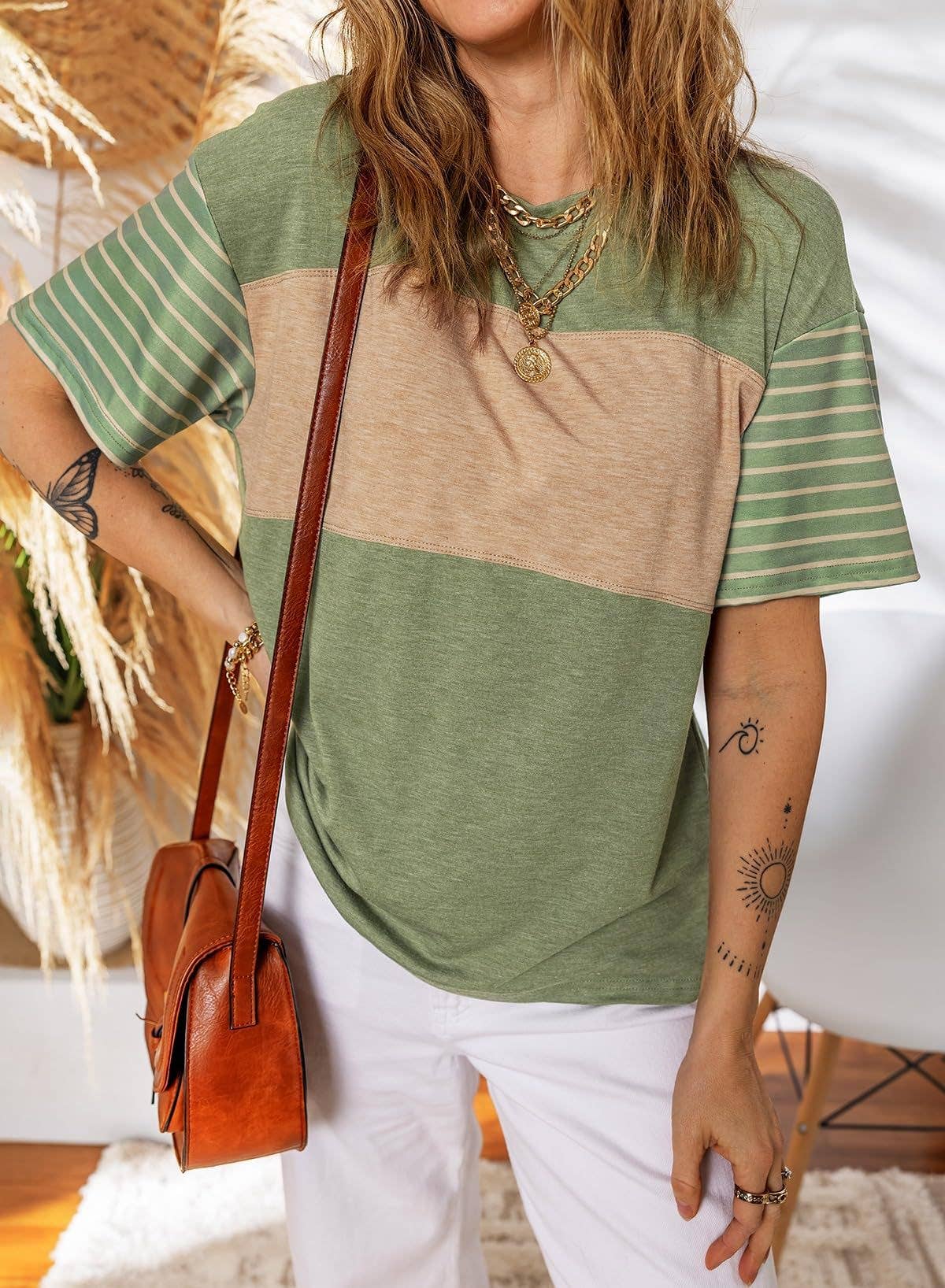 Women¡¯s colorblock striped crew neck tee