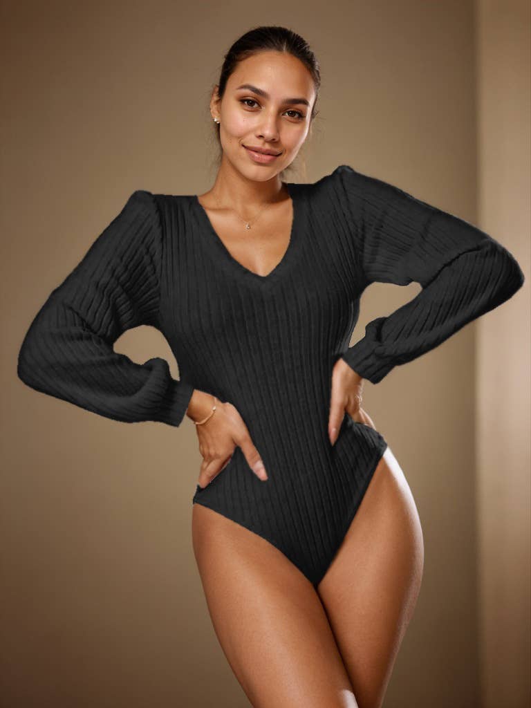 Lantern sleeve long sleeve V knit bodysuit