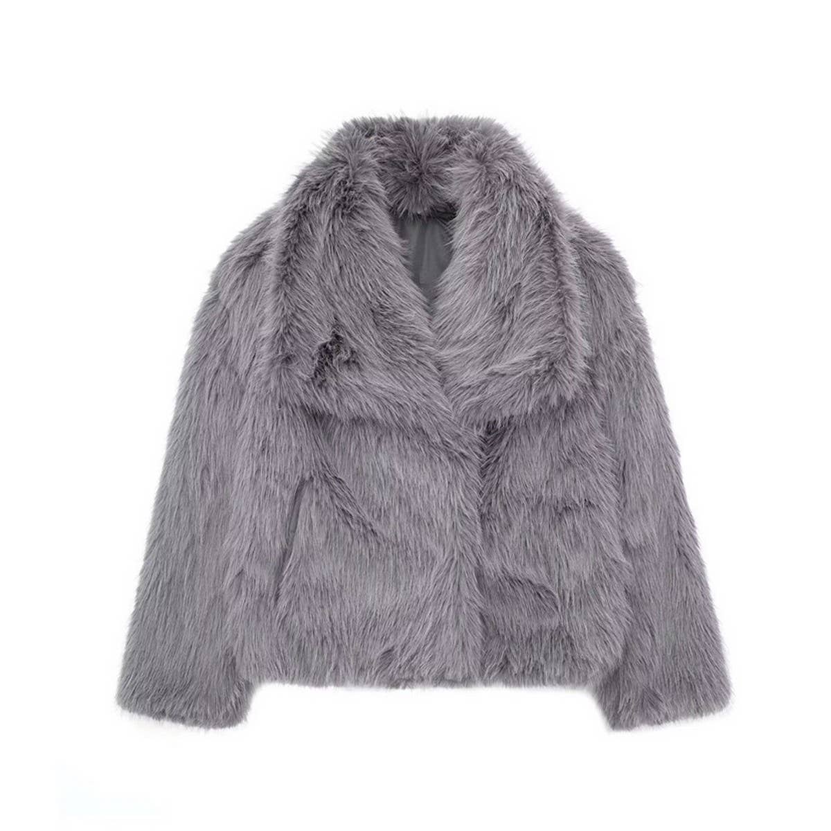 Faux Fox Fur Short Coat with Large Lapel