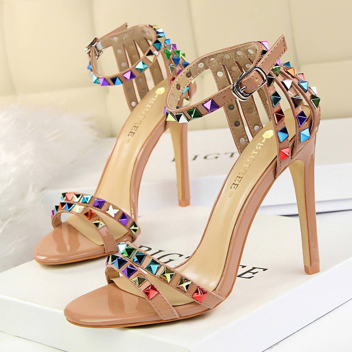 WOMEN STILETTO OPEN TOE STUDDED HIGH HEELS
