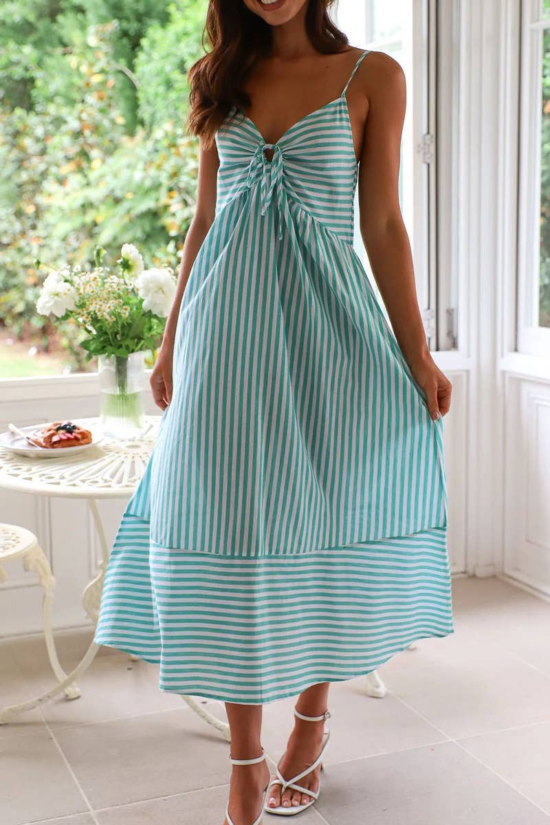 CWDHL0927_SUMMER V-NECK STRIPED SUSPENDER DRESS