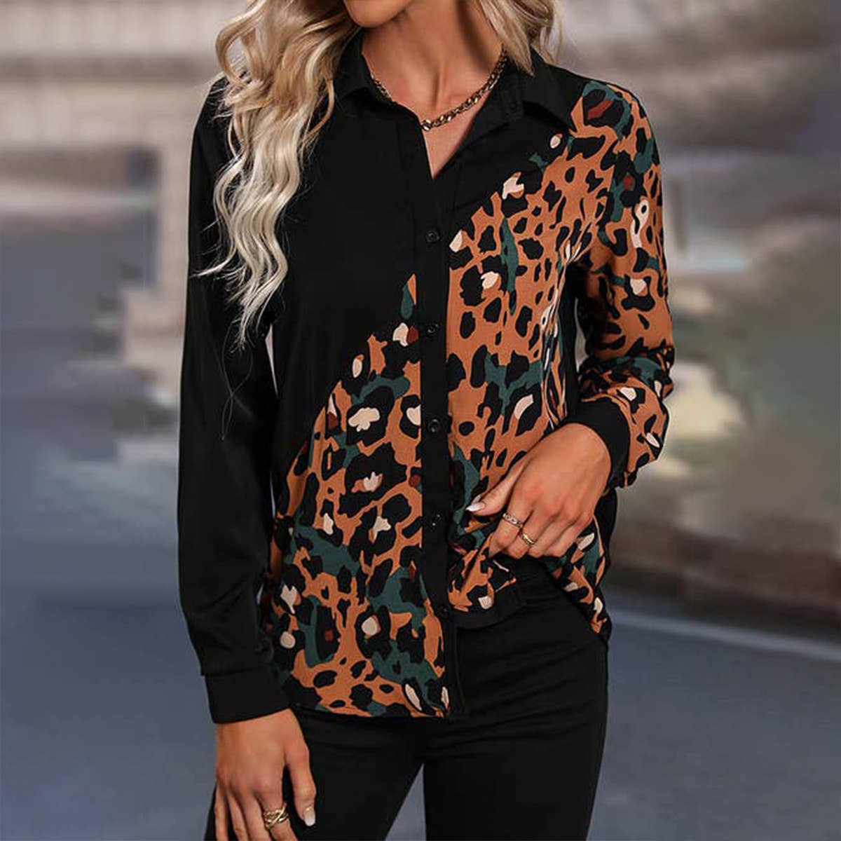 Leopard print long sleeve shirt in patchwork color