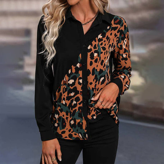 Leopard print long sleeve shirt in patchwork color