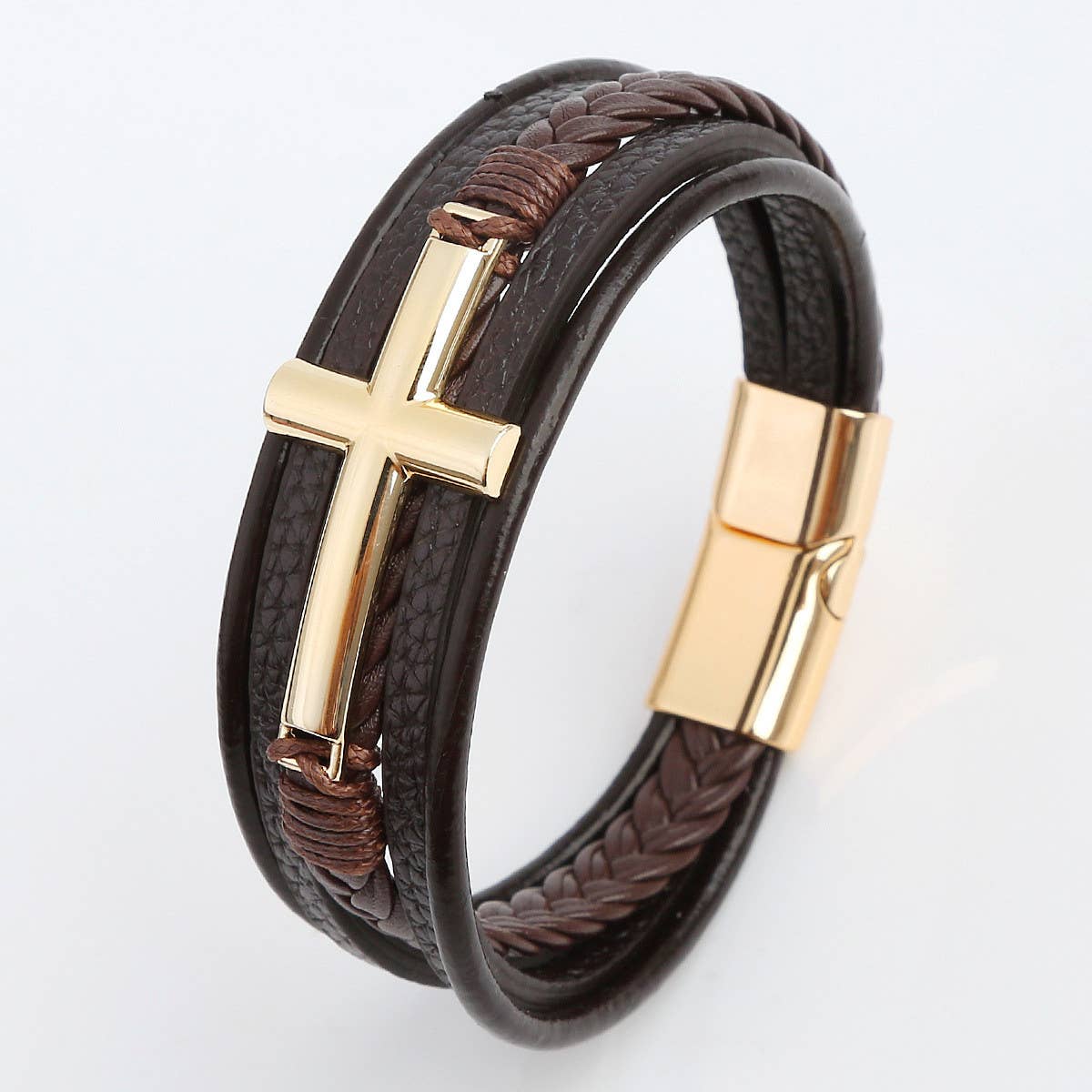 NEW LEATHER HANDWOVEN GOLD MAGNET BUCKLE BRACELET