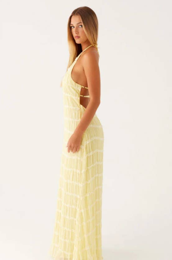 Sexy backless ruched lace trim vacation dress