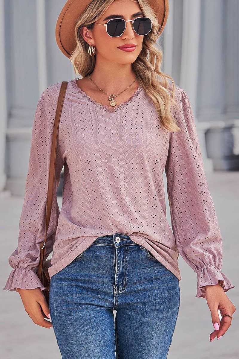 WOMEN LACE TRIM NECK EYELET LONG SLEEVE SHIRT TOP_CWTSTL0301