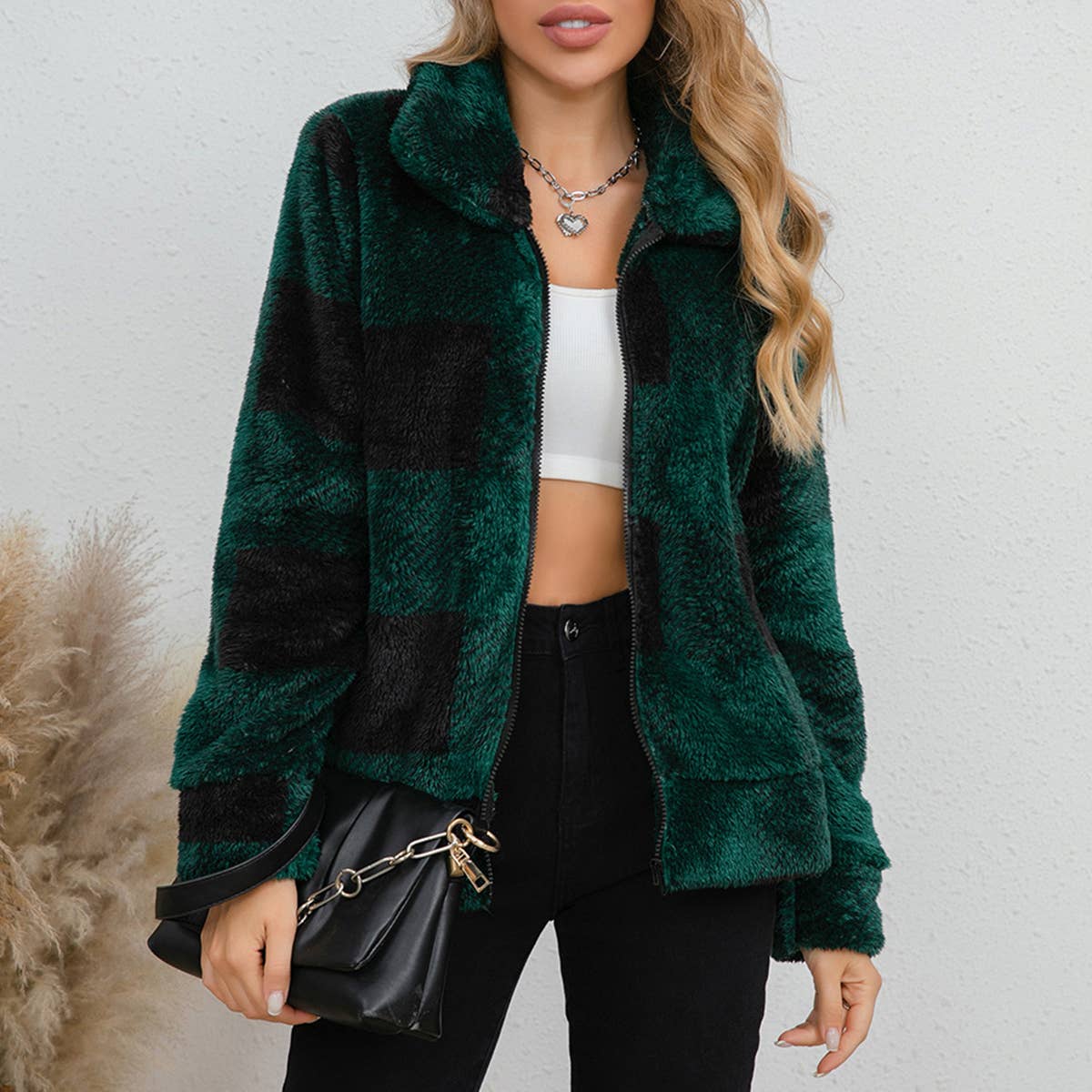 LAPEL LONG SLEEVE BAGGY CASHMERE PLAID JACKET