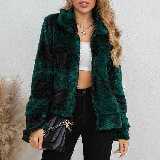 LAPEL LONG SLEEVE BAGGY CASHMERE PLAID JACKET