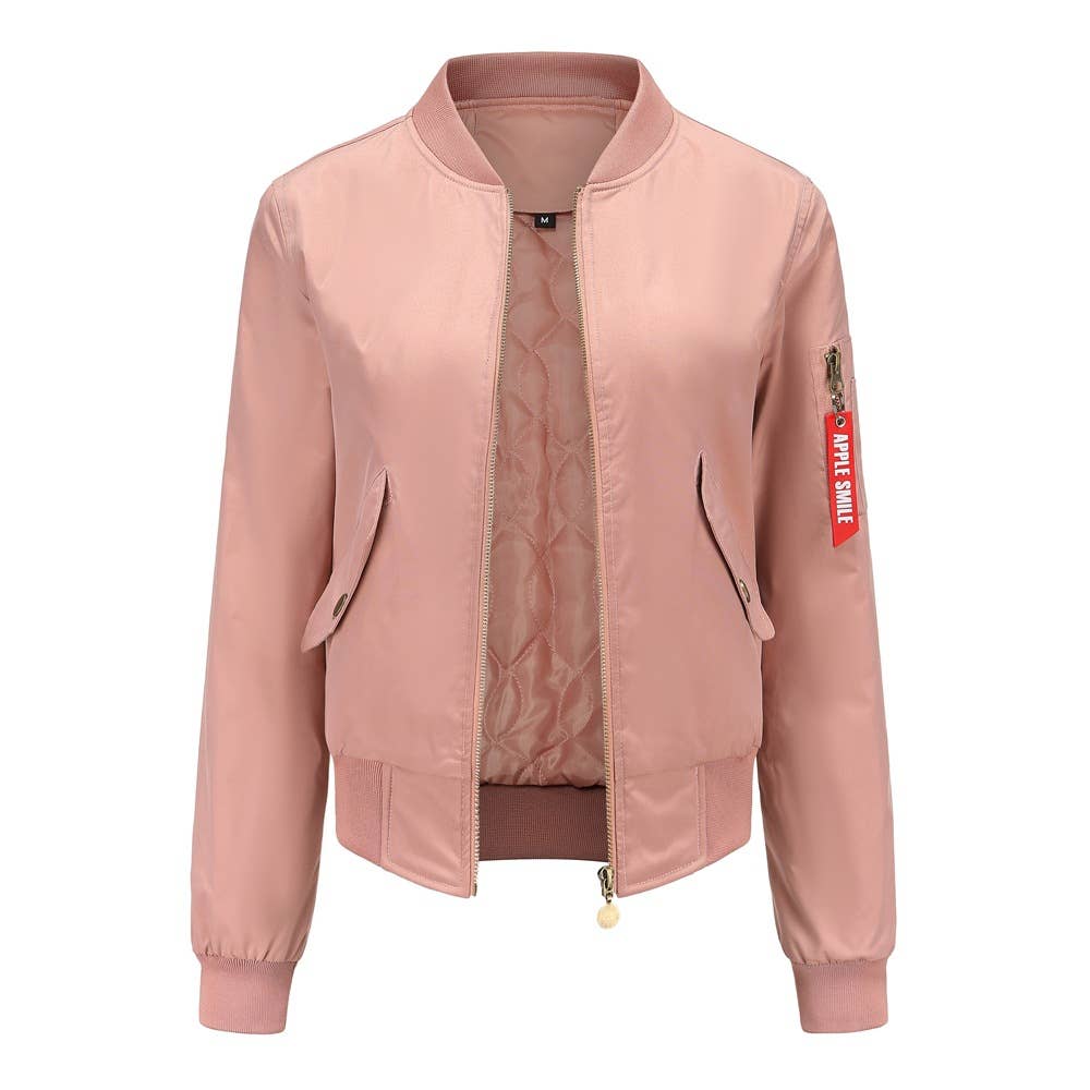 SOLID COLOR ZIPPER BOMBER JACKET