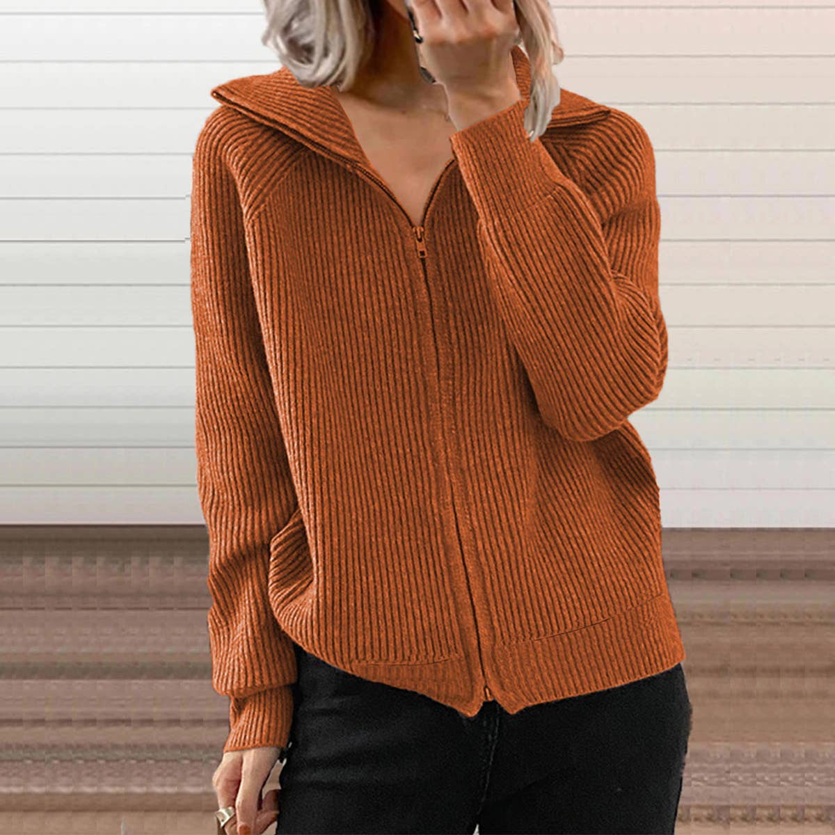 STRIPED LAPEL SOLID COLOR KNIT ZIPPER CARDIGAN