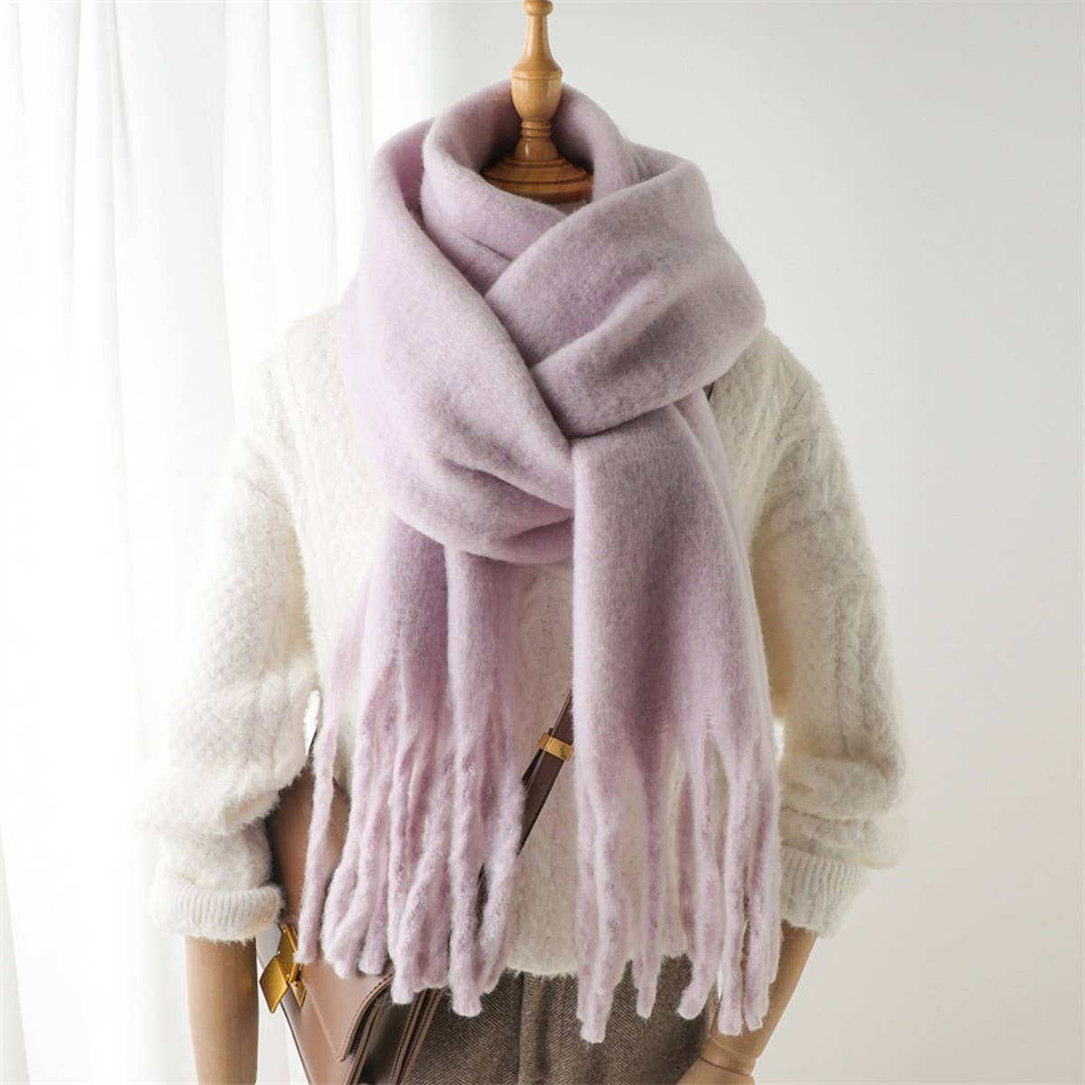 Mohair Tassel Scarf for Winter, Unisex Long Shawl