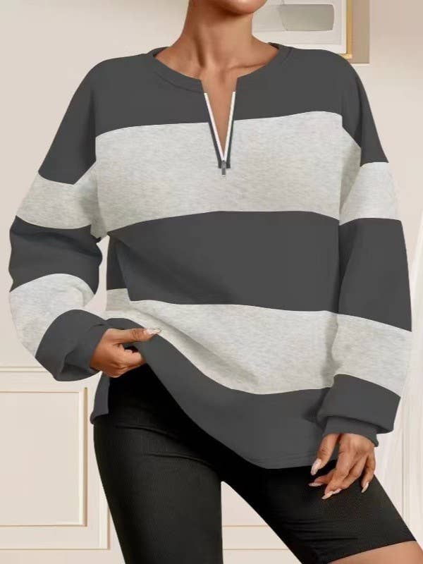 V-neck zipper striped long-sleeved loose T-shirt