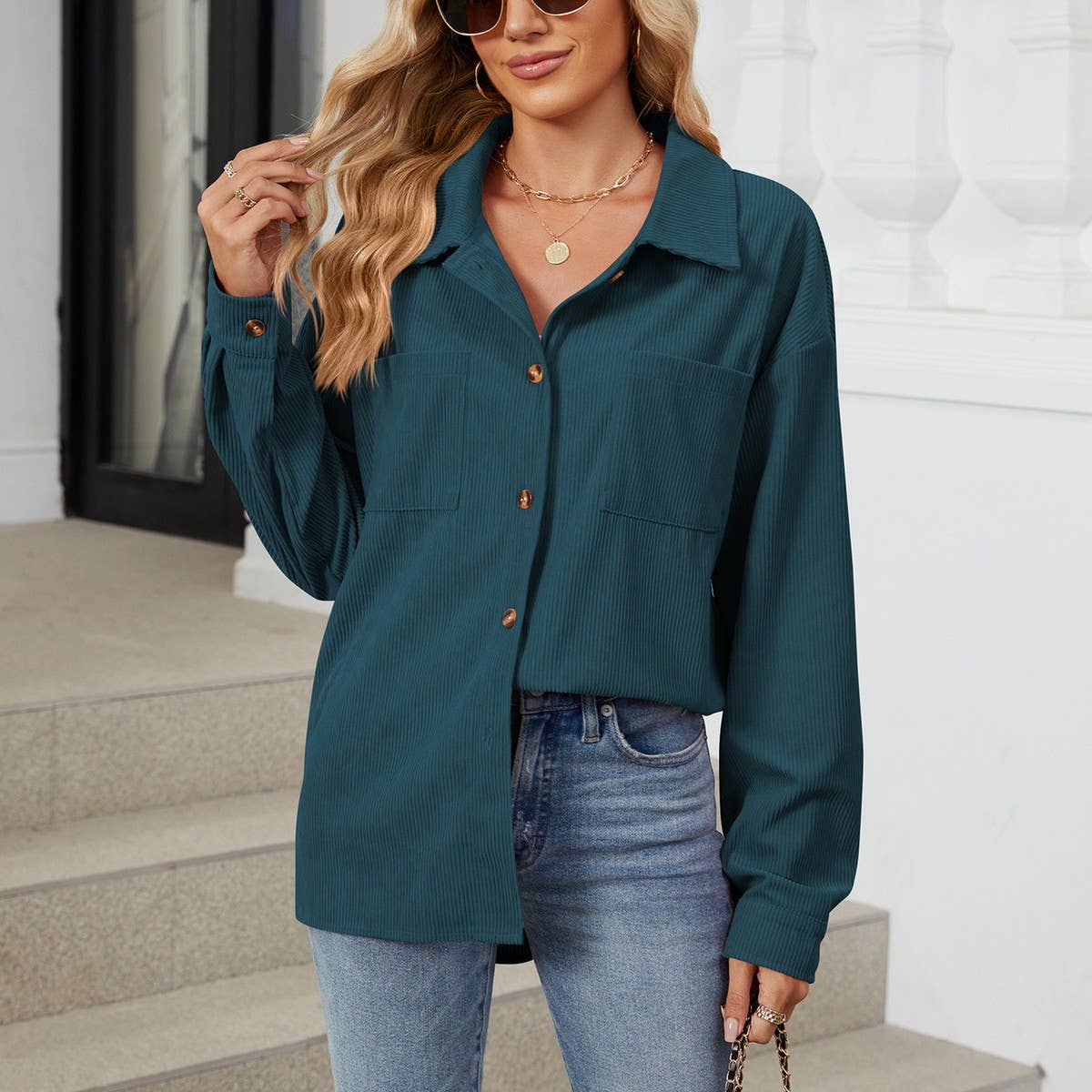 Lapel button solid color patchwork shirt jacket