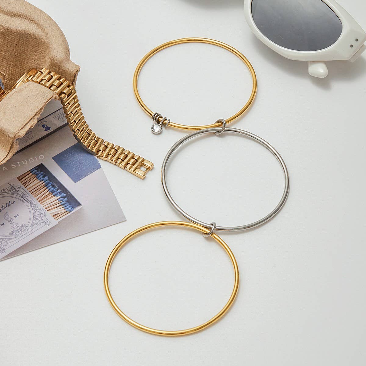 Classic 18K Gold Silver Zircon Bangle, Size 60