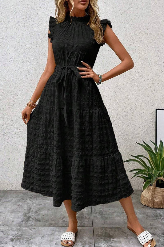 CWDMD4952_SUMMER RUFFLED FLYING SLEEVES TEXTURED DRESS