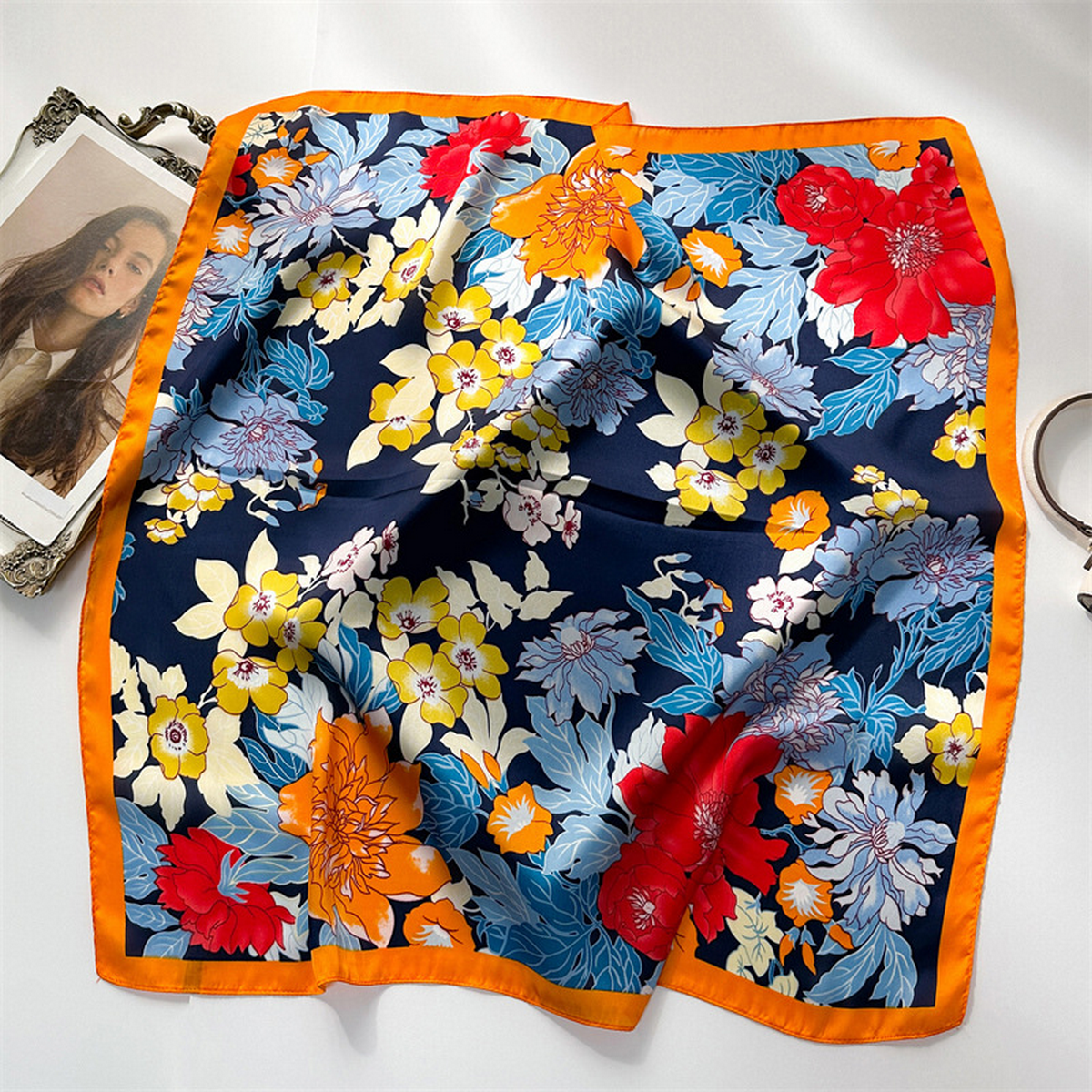 Lily Print Satin Square Scarf for Summer Sun