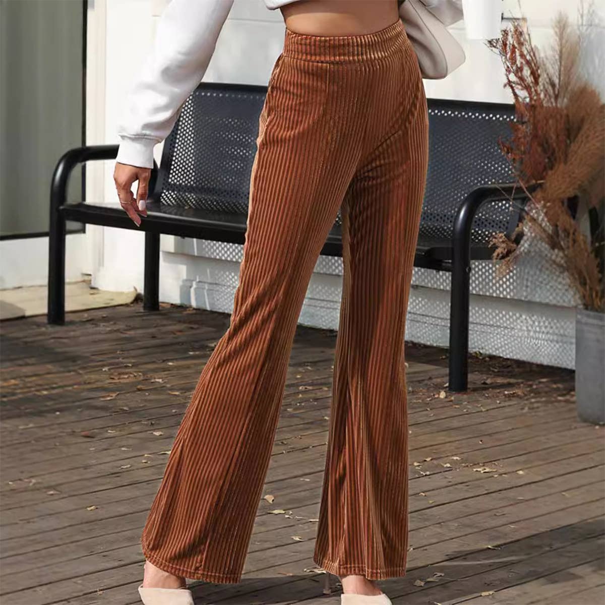 Fashion solid color corduroy high-waisted bell bottoms